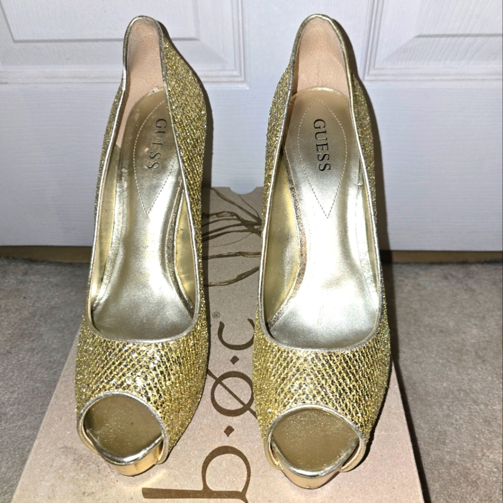 Guess Shimmering Gold Peep Toe Heels
